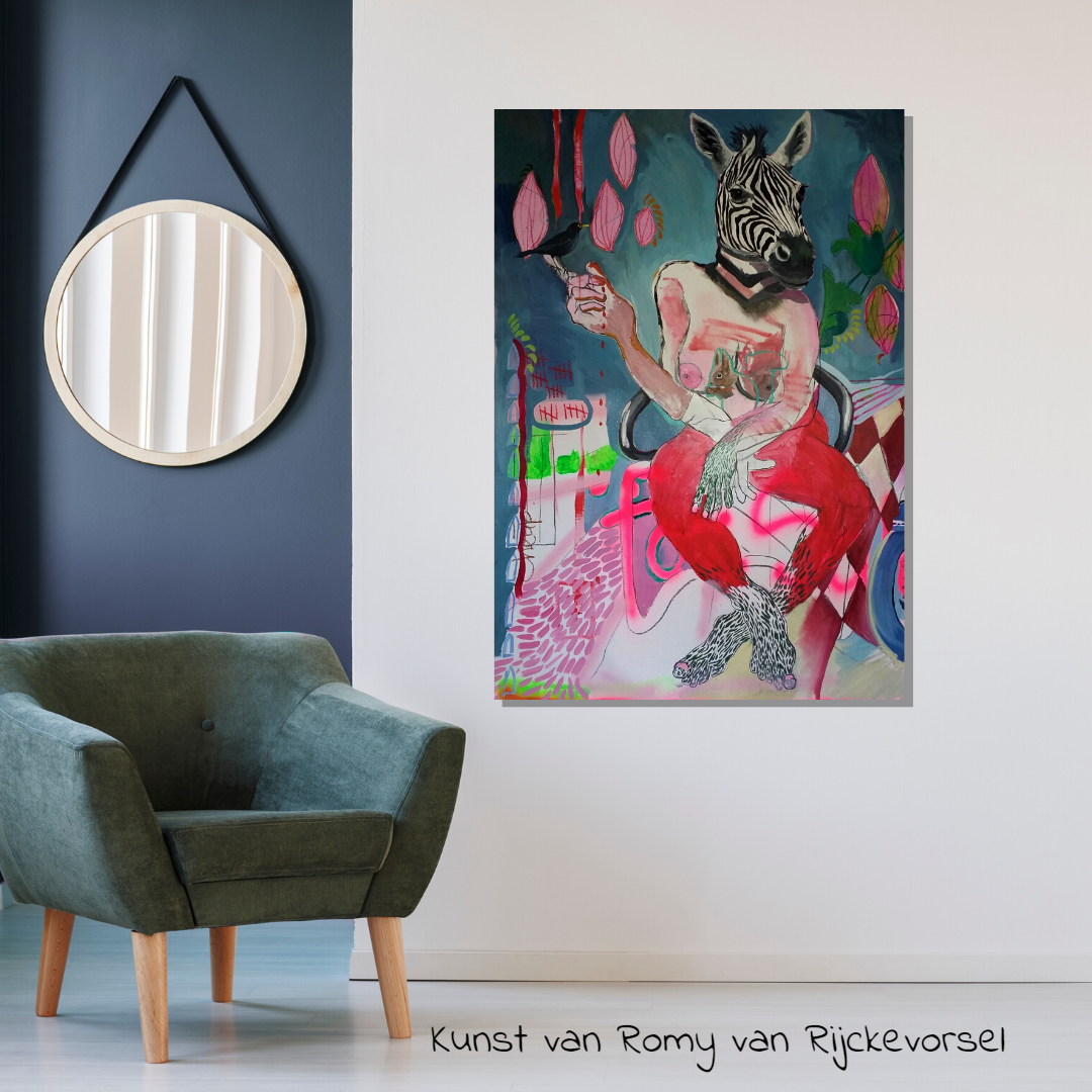 Romy v. Reijckevorsel, Zebra with squirrel and starling, 2640 euro, 145x95.png